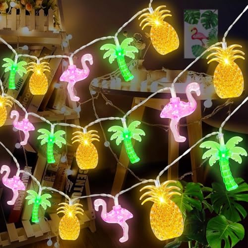Foanlerck 3M 20 LED Lichterkette mit Ananas Flamingo Palmen lichterkette schlafzimmer deko,Batteriebetrieben,Lichterketten für Sommerparty Deko Strand Tropische Party Decoration