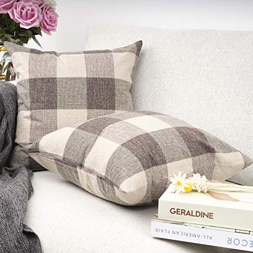 Your Smile Retro Farmhouse Buffalo Tartan Chequer Plaid Cotton Linen Decorative Throw Pillow Case Cushion Cover Pillowcase For Sofa,Set Of 2 (Brown, 18''X18'') #TOP2