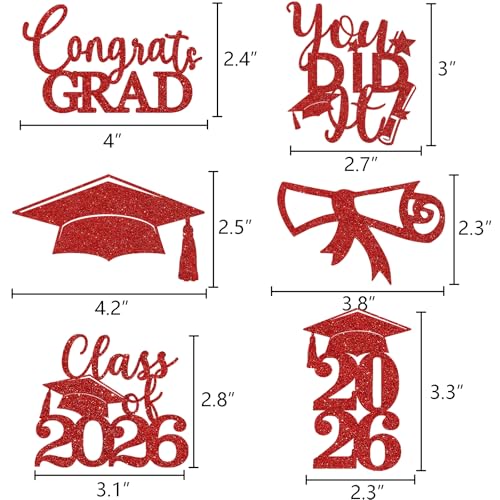 Image of Graduation Centerpiece Sticks 24PCS Glitter Grad Picks Party Table Decor Senior High School College Sign Red