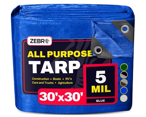 30 x 30 Blue Tarp with Grommets Reinforced - 5 Mil Thick - Durable UV Resistant Plastic Tarps Waterproof - Large Tarpaulin Cover for Outdoor Camping Over/Under Tent Tarp RV Roof Rain - Zebro