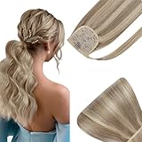 Ve Sunny Human Hair Ponytail Wrap Around Blonde Ponytail Extension Human Hair Light Blonde Highlights Golden Blonde Clip in Ponytail Hair Extensions Blonde Remy Hair 80g 20Inch