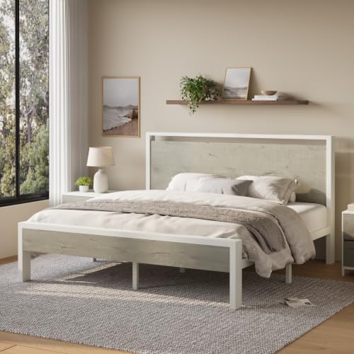 Image of Allewie King Size Bed Frame, Heavy Duty 12 Metal Slats Support, White | Wooden Headboard and Footboard, Modern Platform Bed, No Box Spring Needed, Under-Bed Storage, Noise Free, Easy Assembly