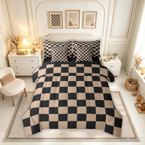 Image of Feelyou Checkered Retro Comforter Set with Sheets 7 Piece King Size Brown Plaid Bed in a Bag Kids Boys Girls Geometric Vintage Bedding Set Modern Simple Groovy Aesthetic Bedroom Decor Breathable Soft