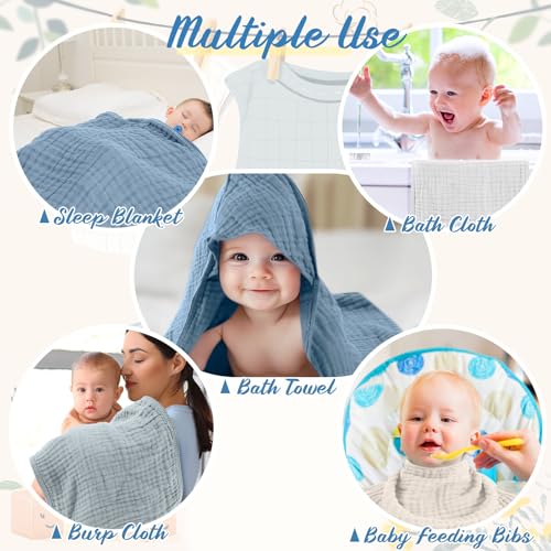Image of VitalCozy 8 Pcs Baby Muslin Hooded Bath Towels and Washcloths, Muslin Hooded Baby Towels Absorbent Blankets for Gift Newborn Infant Shower (Blue,White)