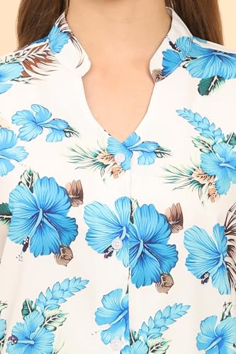 Image of Womens Casual Shirt Soft Beach Shirts Floral Tropic Print V Neck T-Shirt Short Sleeve Button Up Tops (WMS1 White Turquoise M)
