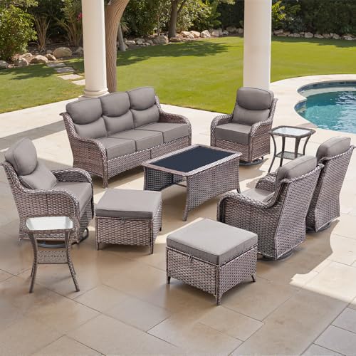 moosprr Luxury High Back Outdoor Furniture with 6-inch Extra Thick Cushions, Patio Furniture Set with Swivel Chairs, 10 PCS Wicker Conversation Set for Yard, Deck, Poolside, Brown/Grey