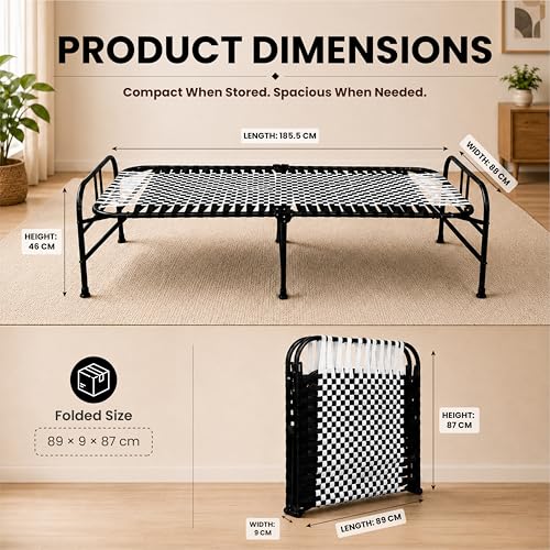Image of Folding Bed Single for Sleeping 3x6 feet | Portable Foldable Cot for Adults | Heavy Duty Metal Khatiya Charpai Khatla Khatlo Khat| Space Saving Guest Bed for Home, Hostel, PG & Travel Use
