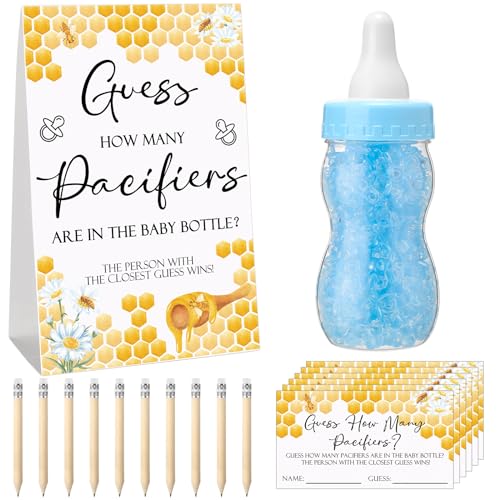 Image of Roowest 512 Pcs Baby Shower Games Guess How Many Pacifiers Sign 100 Small Guessing Games 10 HB Pencils 750ml Milk Bottle 400 Acrylic Pacifiers Decoration for Guest Gender Reveal(Blue,Bee)
