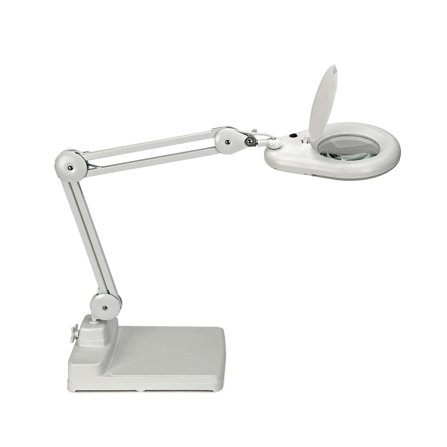 MAUL Lampa z lupą LED MAULviso biała stojąca warsztatowa | precyzyjna praca z detalami, stabilna podstawa, regulowana głowica, jasne światło dzienne, szklana soczewka