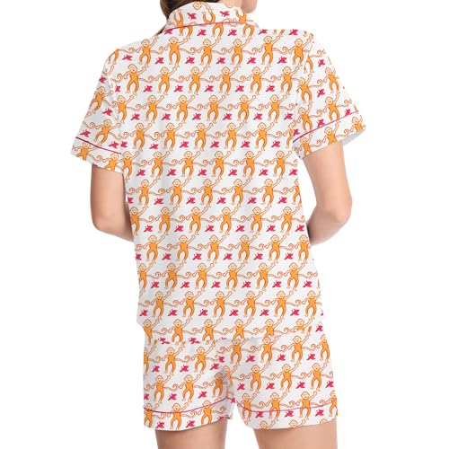 Image of Ammiko Womens Pajamas Set Y2k Loungewear Pajama Button Down Top and Shorts Monkey Beach Short Sleeve Sleepwear Preppy