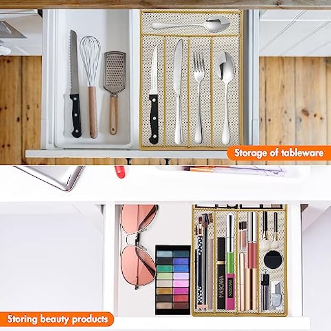 Kitware Silverware drawer organizer, Gold Kitchen Utensil Mesh Metal, Living Room Bedroom Beauty Item Dividers