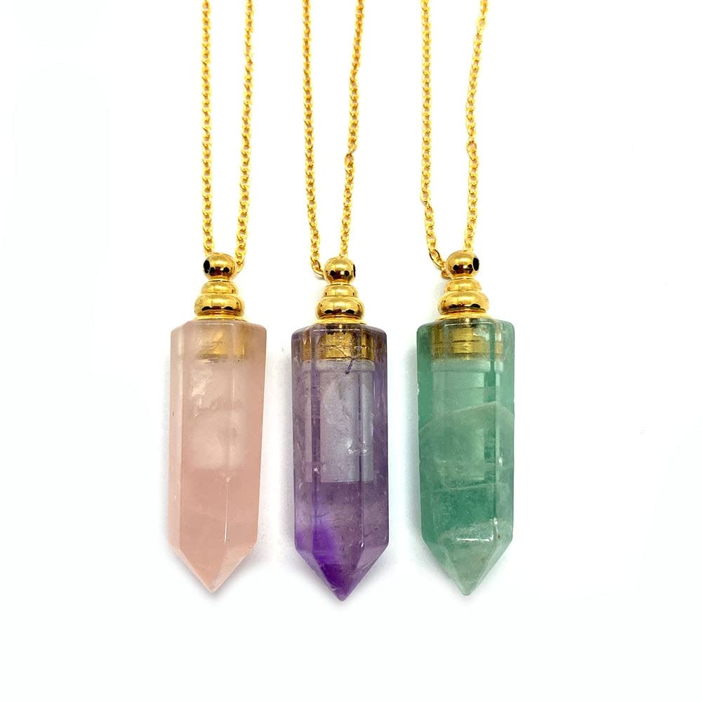 Collar Aromaterapia Collar de Botellas de Perfume de Piedra Natural 12x47mm Botella de Perfume de Cristal Blanco Colgante Collar de Damas Aroma Difusor Botella (Metal Color : A)