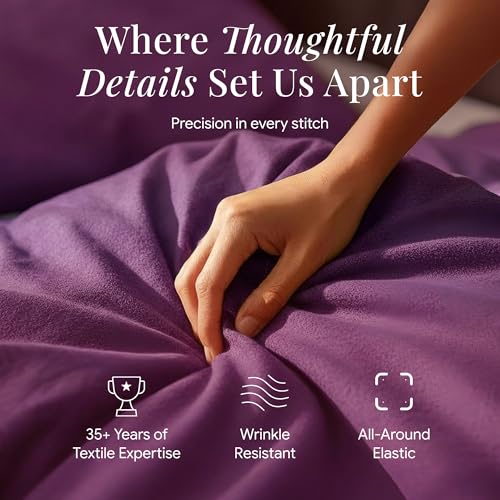 Image of Tribeca Living Queen Cotton Flannel Flat Sheet Only 170-GSM - Oversized 112 x 106 Inch Dimensions for Generous Bed Coverage - Soft Breathable Bedding in Purple