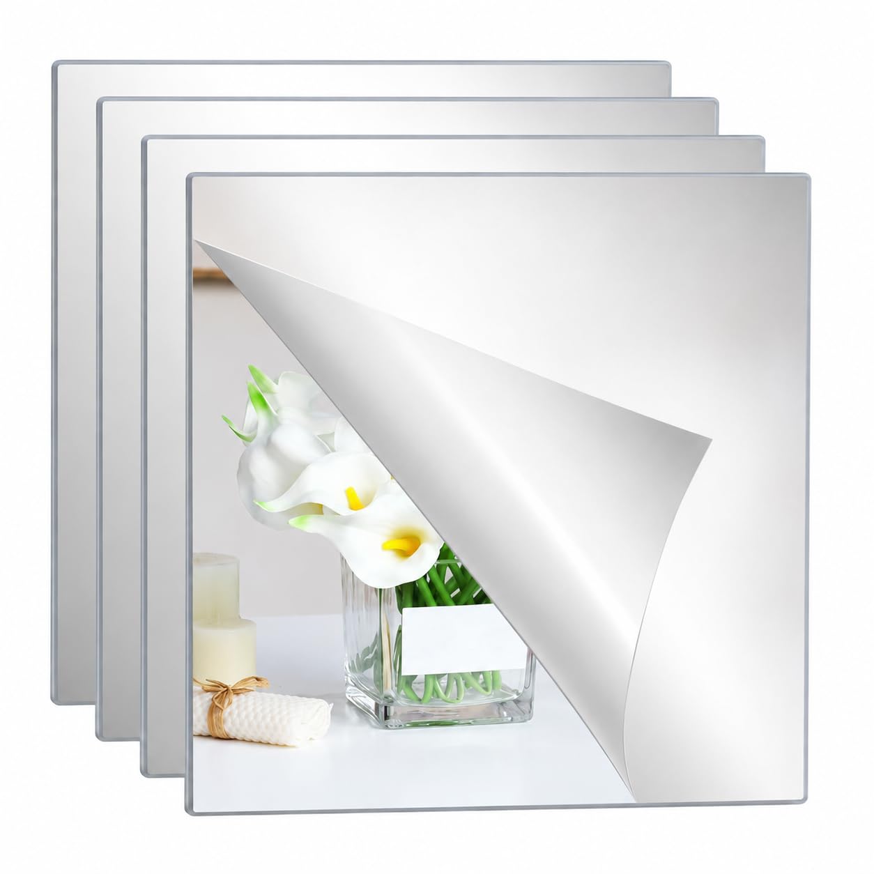 4 Pack Self Adhesive Acrylic Mirror Tiles 30x30cm, Stick On Wall Mirrors