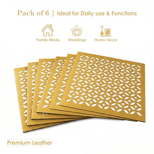 Image of Kuber Industries 12x12 Inch Leather Table Mats Set of 6 | Placemat /Dining Table Mat for Wedding and Family Functions | Mat Square Design - Golden