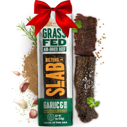 Made by True Garlic & Herb Biltong Slab - Grass-Fed Beef Whole Jerky Slab (8 oz, Pack of 1) - High-Protein Keto Snack, Natural, Antibiotic-Free & Gluten-Free - Uncut Beef Jerky with Bold Garlic Flavor