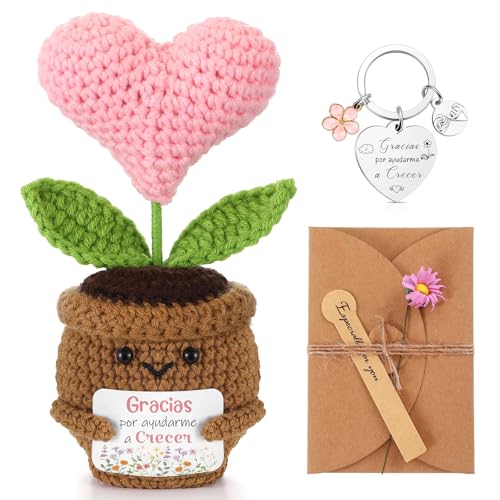 Chalyna Conjunto de presentes de agradecimento para professor inclui coração croché positivo, porta-chaves com frases de graças por me ajudar a crescer, cartão de felicitações para graduação