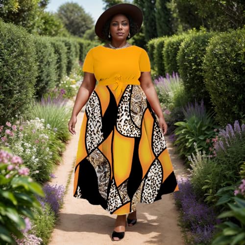Image of Hostoyo Women Plus Size Formal A Line Maxi Dress Self Tie Waist with Pockets Elegant Round Neck Swing Long Dresses