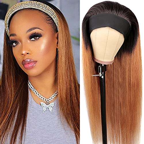 Haha Ombre Brown Human Hair Headband Wig Straight Glueless None Lace Front Wig Straight Remy Human Hair Wig with Headband attached 150% Density Colored 22 Inch