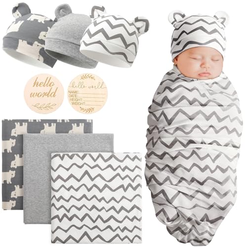 DRESHOW BQUBO Cotton Baby Swaddle Hat Set Newborn Infant Receiving Blankets with Bear Ears Hat Wooden Birth Announcement Card Newborn Unisex Swaddle Wrap Sets Warm Shower Gift