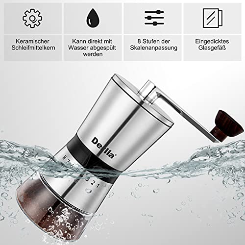 Derlla Kaffeemühle, Edelstahl-Kaffeemühle, Manuelle Kaffeemühle, Espressomühle, Verstellbarer Mahlgrad - Handmühle aus… – Bild 6