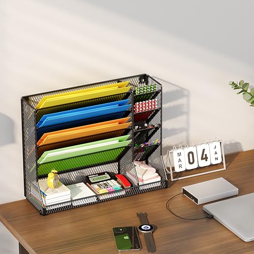 File-Organizer-Wall-Mounted-4-Tiers-Durable-Adjustable-Metal-Vertical-Hanging-With-4-Pen-Slots-Stable-R-shaped-Bottom-4-Pull-out-Devider-to-Sort-File-Mail-NewspaperPen-Suitable-for-OfficeBlack