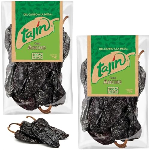 Tajin Dried Ancho Chillies 75g x 2 | Whole Mexican Ancho Chilli Peppers | Sweet Smoky Mild Heat | Ideal for Mole Enchiladas Sauces Marinades & Mexican Cooking