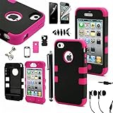 iphone 4s case, SQDeal 3in1 Rubber + Plastic High Impact Hybrid Hard Case Protective Cover for iphone 4 4s, with Earphone Touch Stylus Pen and Screen Protector and Earphone (Black/Pink)