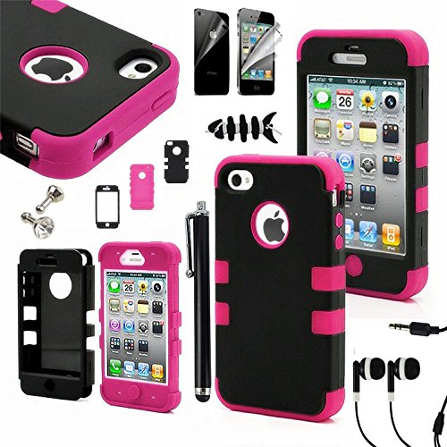 SQDeal Hybrid High Impact Hard Case with Touch Stylus Pen, Front Back Screen Protector for iPhone 4 4s (Black Pink)
