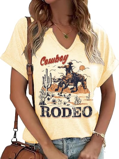 Cowgirl Outfits for Women V Neck Rodeo Western Shirts Cowboy Graphic Tees Country Music Nashville Tops