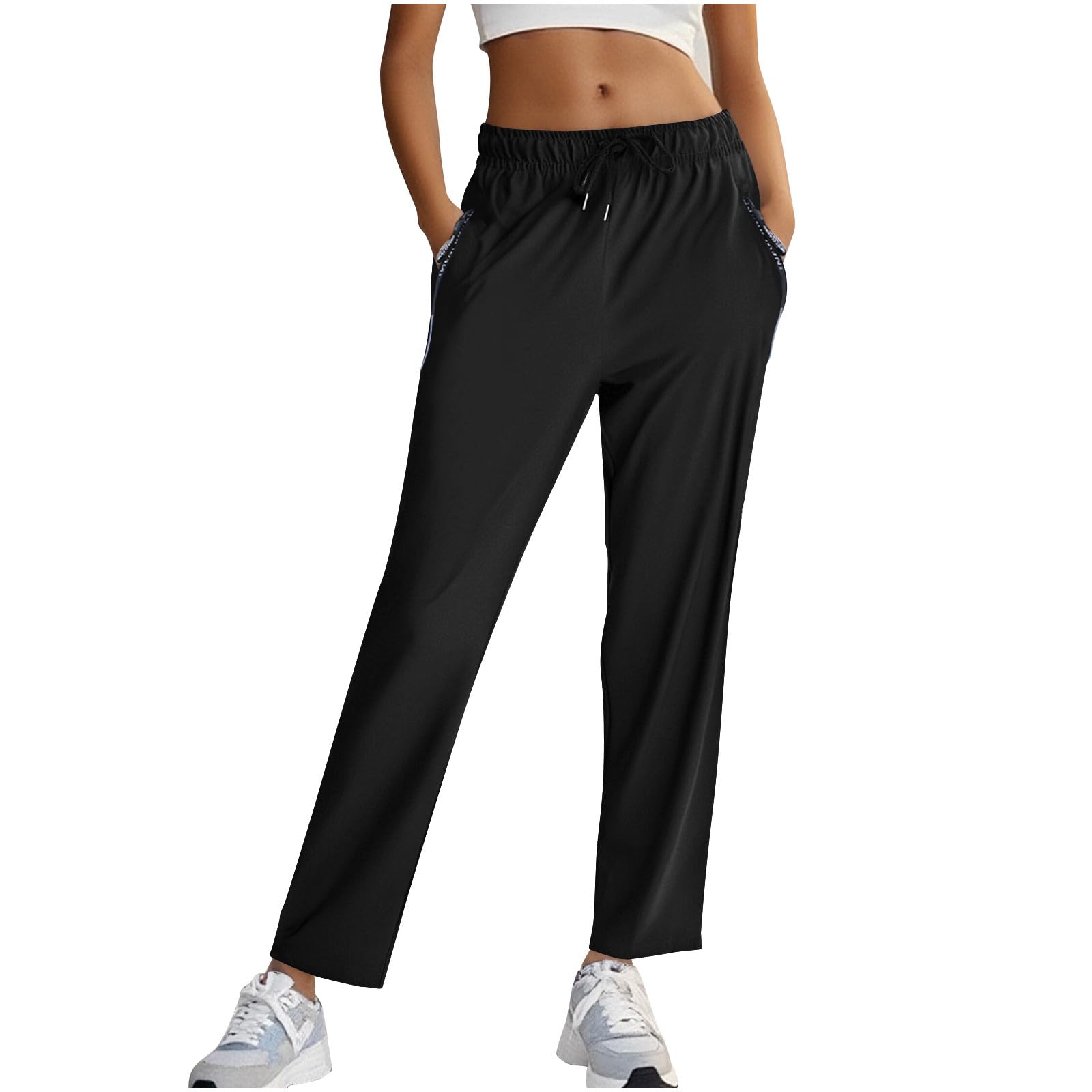 Women's Quick Dry Joggers with Pockets, Drawstring Straight Leg Sweatpant for Lounging Jogging Sport Workout and Gym(Black,X-Small)