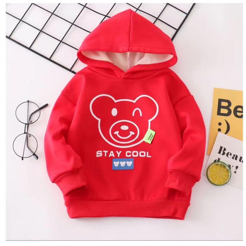 Bold N Elegant Cartoon Bear in Hood Print Kids Full Sleeve Warm Thick Fur Fleece Winter Tshirt Regular Fit Sweatshirt Hoodie for Infant Toddler Baby Boy & Girl (6-12 Months, Red)