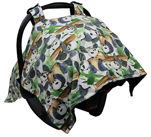 Image of Baby Car Seat Canopy Cover - Traveling Panda Bears on Tree with Black Minky Dot