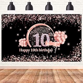 10th Birthday Banner Backdrop Decorations for Girls, Extra Large 10 Year Old Birthday Party Poster Decor Supplies, Rose Gold Ten Birthday Photo Sign Booth Props