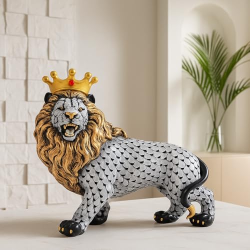 Image of Xtore Regal Lion with Crown Figurine | Resin Home Decor Accent | Unique Art Piece for Living Room, Office, or Shelf | Symbol of Strength and Royalty | Luxurious Animal Decor
