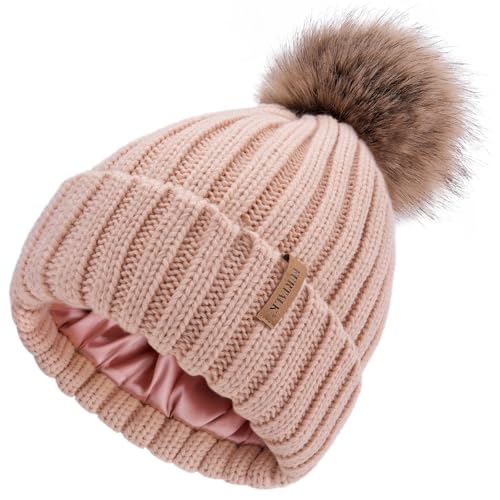 FURTALK Womens Beanie Satin Lined Knitted Beanie with Pom Winter Hats for Women Pink