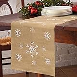 SevenFish White Snowflake Christmas Table Runner, 14 X 72 inches Natural Burlap Table Runner for Christmas Decorations