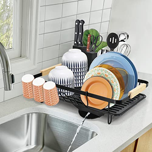 Dish Drying Rack Extra Large Black 4 Piece Dish Rack Sink Set With Removable Drainboard & Utensil Holder Knife Holder 5 Cup Holder Attachments, Kitchen Draining Dish Drying Rack With Wooden Handle #TOP5