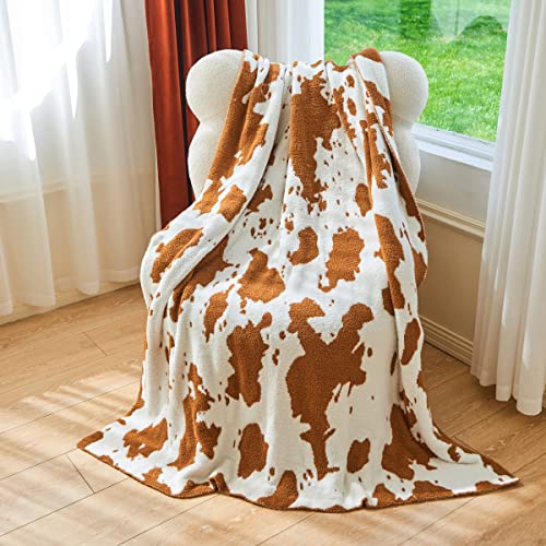 Ultra Soft Cozy White And Black Cow Print Microfiber Knitted Throw Blanket Lightweight Fleece For Sofa Bed 51X63 Inches (Cow Brown, Throw 51"X63") #TOP12