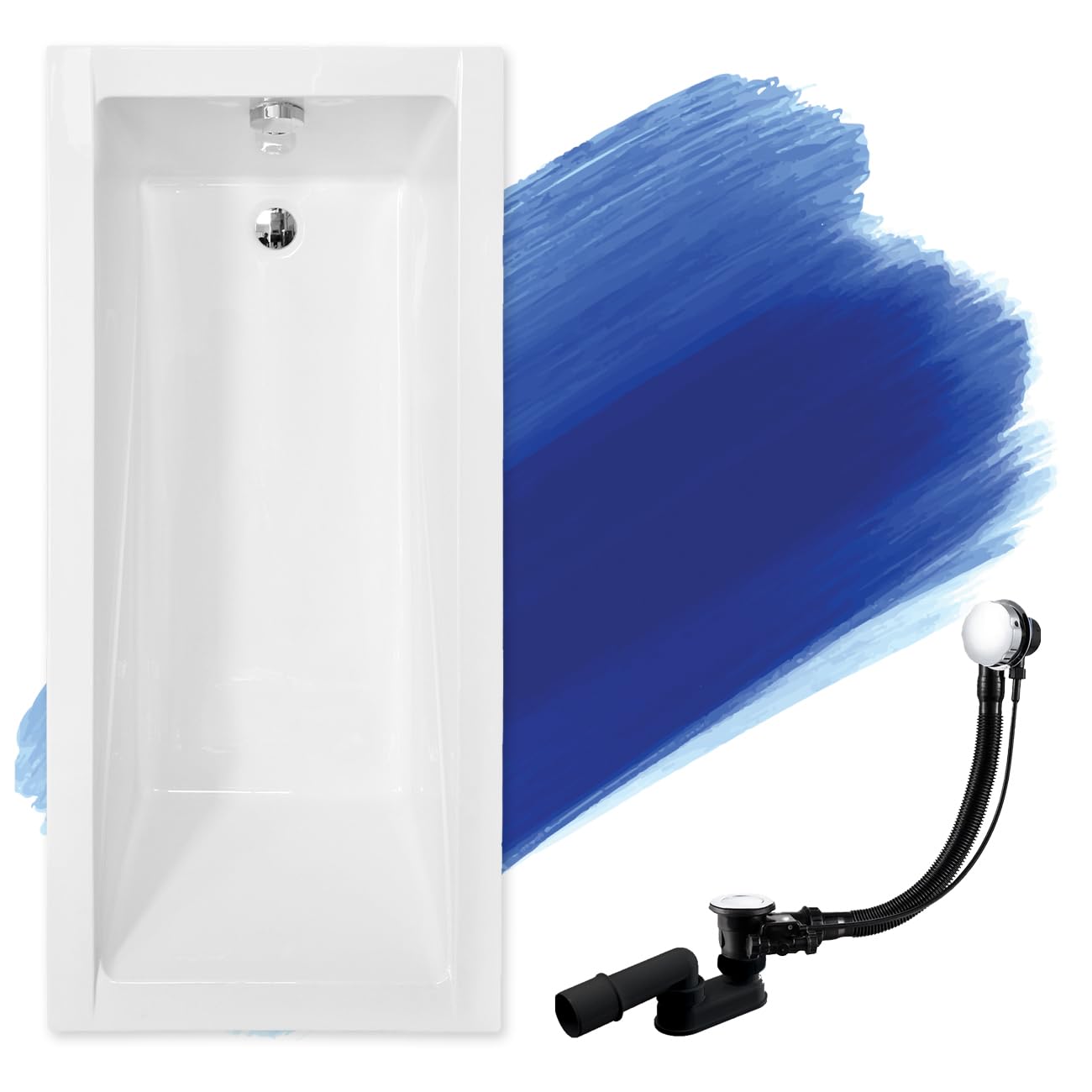 BADLAND Badewanne Original Weiß Acryl Wanne Rechteck MODERN 160x70 KOMPLETTSET SET + Füßen und Exklusive Chrom Automatik Ablaufgarnitur Made in EU 3in1