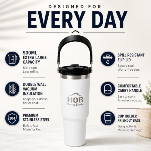 Image of House of Bhaskar 900ml Insulated Coffee Mug with Handle & Lid - Leakproof Stainless Steel Vacuum Travel Mug, Hot 8 Hrs & Cold 12 Hrs, Ideal for Gym, Office, Car & Travel (White)