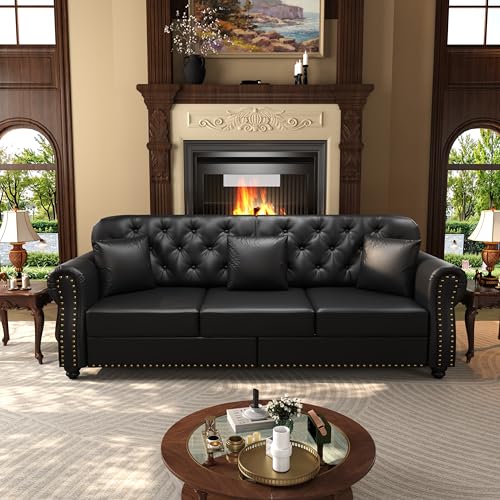 Image of KEIKI 2-Piece Chesterfield Sofa Set with 1 Faux Leather 3-Seater Sofa & 1 Loveseat Sofa, Upholstered 5-Seater Couch Set with Nailhead Trim & Rolled Arms & 1 Ottoman & 5 Pillow, for Living Room, Black