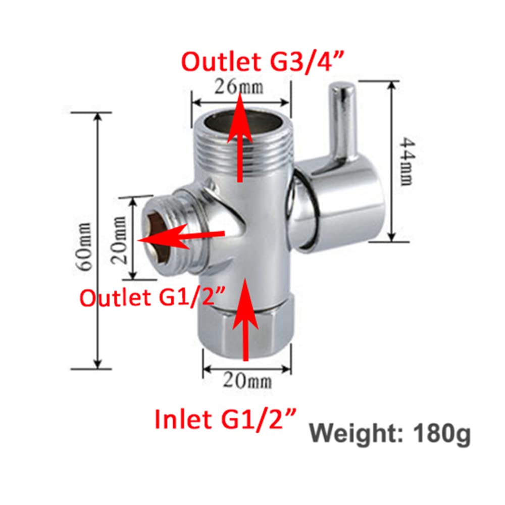 Shower Diverter Valve Replacement, 3 Way T-Adapter Shut-Off Valve for Shower Head Arm Diverter G1/2 Female Inlet x G1/2 & G3/4 Outlet - Image 2