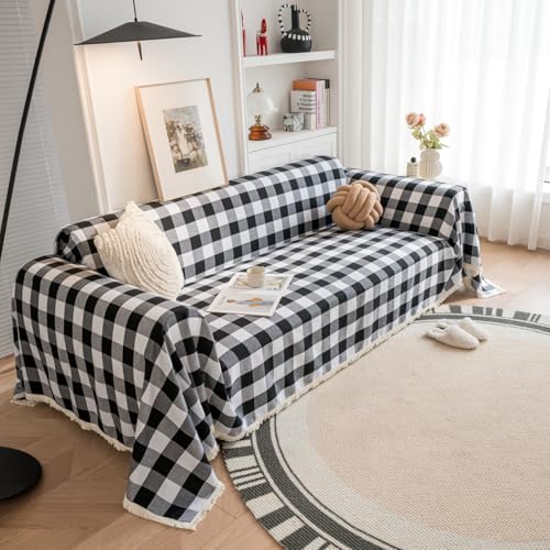 vctops Farmhouse Plaid Couch Cover with Frings, Buffalo Black and White Checkered Sectional Couch Cover Lightweight Washable Sofa Slipcover Blanket for Kids Dogs Pet (Black, 71