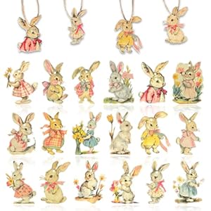 Vintage Easter Decoration Wooden Hanging Ornaments 36Pcs Vintage Style Rabbits Bunny Wood Cutouts Rustic Farmhouse Spring Tree Decor Home Easter Party Supplies