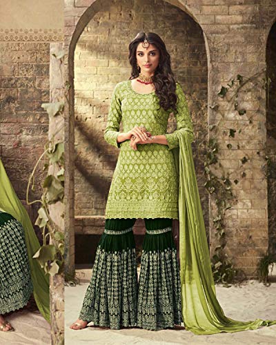 Image of ZIYA Women's Georgette Embroidered Sharara - Mohini Collection Indian Pakistani Sharara Palazzo Suit (Green, Size M- 40)