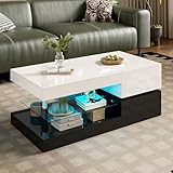 OKMYHOME Table Basse avec Rangement   Table Basse Salon avec LED, Contrôle APP et Bluetooth   Design Moderne Laquée Haut Brillant   Charge Maximale 35 kg   90x45x35,5 cm   Blanc et Noir