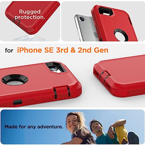 Image of AICase for iPhone SE Case 3rd & 2nd Generation, for iPhone SE 2022 /2020 Built-in Screen Protector Heavy Duty Protective Shockproof 3-Layer Full Body Rugged Phone Cover, Red /Black