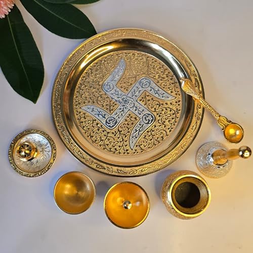 Image of Gold & Silver Plated Pooja Thali Set with Custom Name Box | 7-Piece Premium Religious Gift | Ideal for Corporate & Employee Gifting, Diwali, Housewarming & Every Festive Occasions (10 inch)