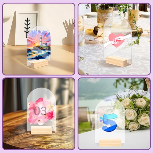 Image of Bercoor 5 Pack 4x6 Inch Blank Clear Arch Acrylic Sign with Wooden Stands, Arched Round Top Acrylic Sheet, DIY Acrylic Arch Table Numbers for DIY Name Card Gifts Event Party Sign Decoration